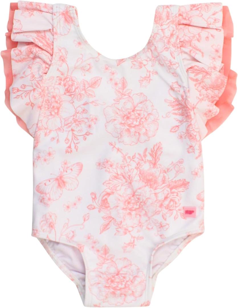 RuffleButts Baby/Toddler Girls Ruffle Strap One Piece Swimsuit w/UPF 50+ Sun Protection (18-24 Months, Bubblegum Pink Butterfly Garden Toile)