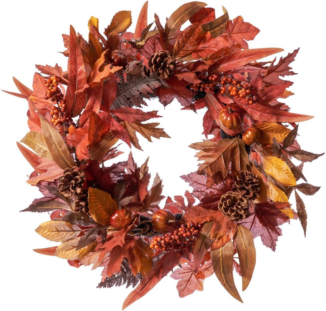 DN DECONATION 24 Inch Fall Wreaths for Front Door, Autumn Farmhouse Wreaths with Orange Pumpkins, Leaves, Pinecones & Berries for Indoor Outdoor Porch Home Wall Thanksgiving Harvest Festival Decor (Red & Brown)