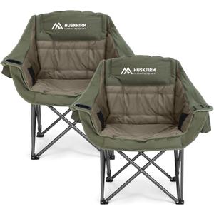Huskfirm 2 Pack Camping Chairs Oversized Padded Camping Chair Heavy-Duty Foldable Camping Chairs with Cup Holder and Cooler Bag Portable Lawn Chair for Sports Outdoors-Support 450LBS,Green