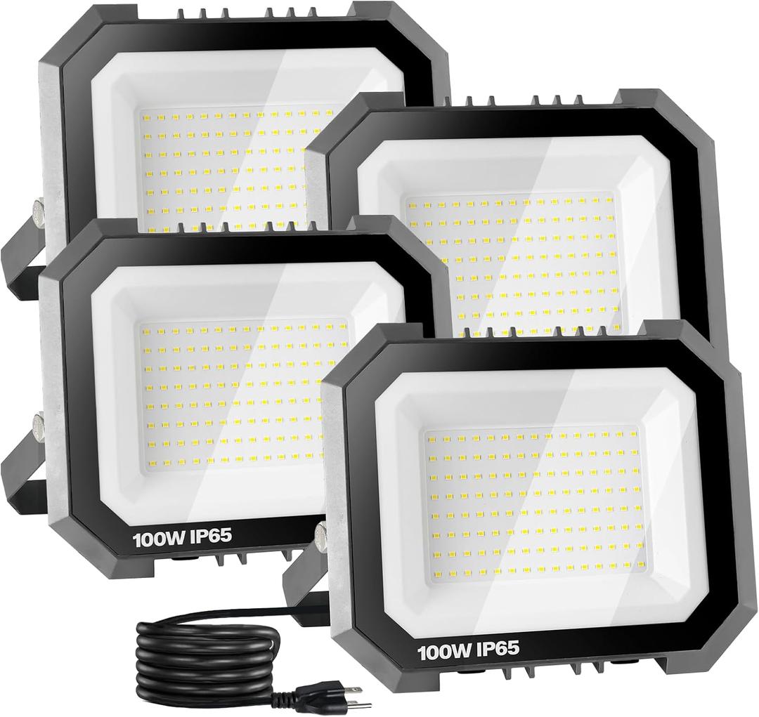 4 Pack LED Flood Lights Outdoor, 100W 10000LM Super Bright Floodlight Outside Work Light with 5.9FT Plug, IP65 Waterproof 6000K Outdoor LED Flood Light for Garage, Yard, Lawn, Garden