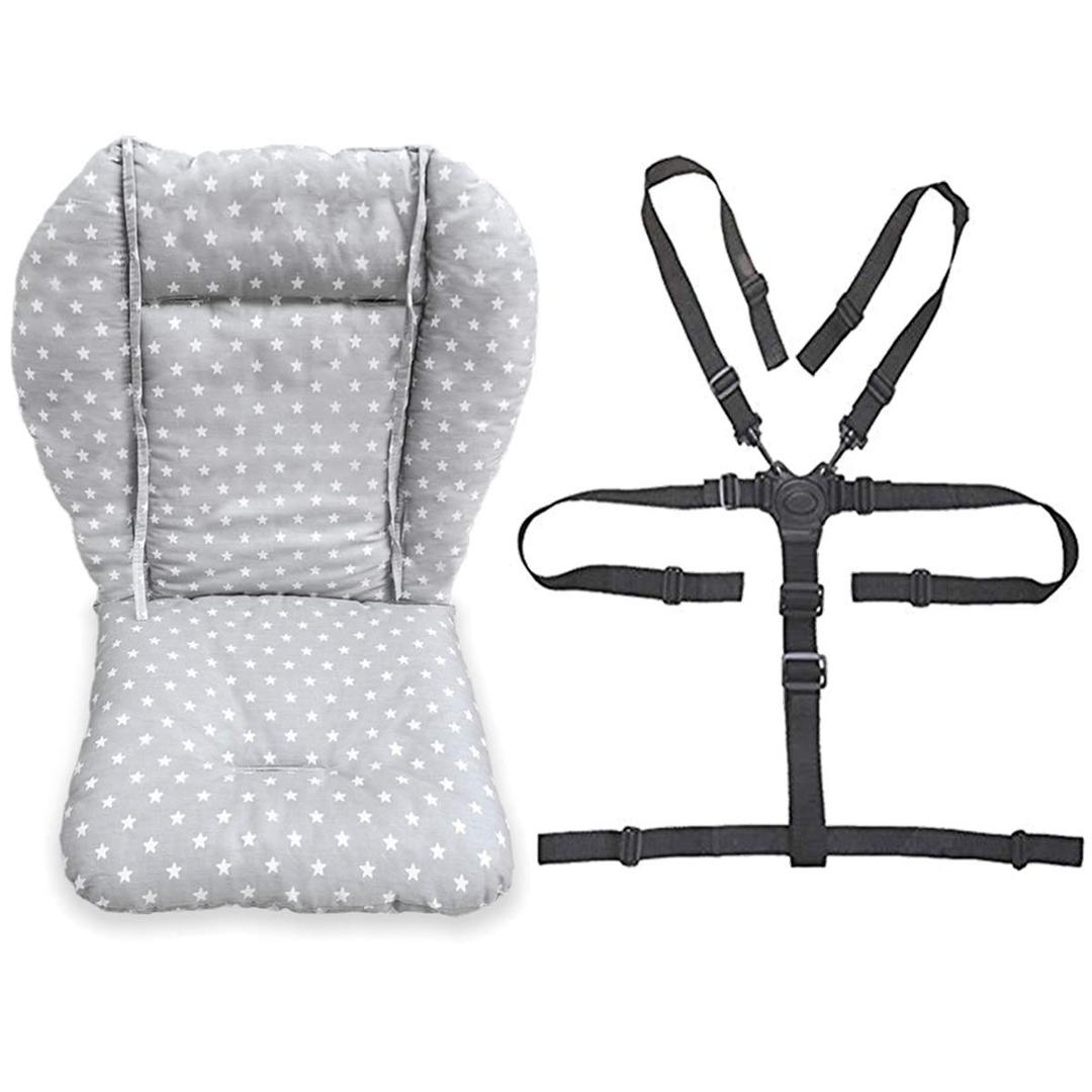 twoworld Baby High Chair Seat Cushion Liner Mat Pad Cover Resistant and High Chair Straps (5 Point Harness) 1 Suit (Fashion Gray)