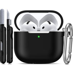 RFUNGUANGO for AirPods 4 Case with Cleaner Kit, Earphone Anti-Lost Strap and Keychain, Soft Silicone Protective Cover for Apple AirPods 4th Generation Case, Support Wireless Charging, Black