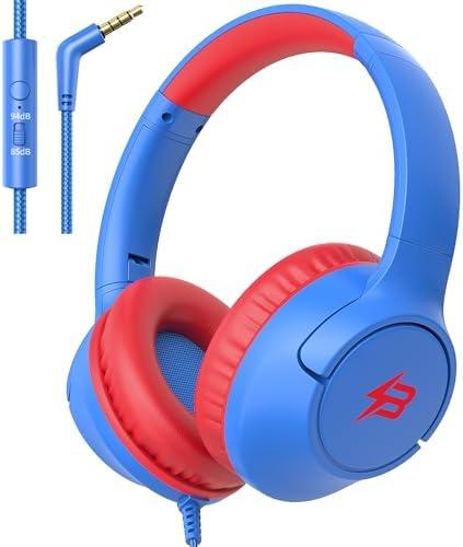 Kids Headphones for School, 85/94 dB Volume Limit, Wired Over Ear Headphones for Kids Boys Girls with Microphone, Foldable Stereo Sound 3.5mm Wired Cord for Kindle Tablet Airplane Travel, Blue