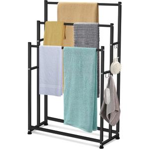 47.6 Inch Tall Free Standing Towel Racks 3 Tier Pool Towel Rack Outdoor Oversized Floor Bath Towel Drying Valet Holder Blanket Quilt Rack Stand for Bathroom Bedroom Beach Hot Tub Gym Pool Area Outside (Black)