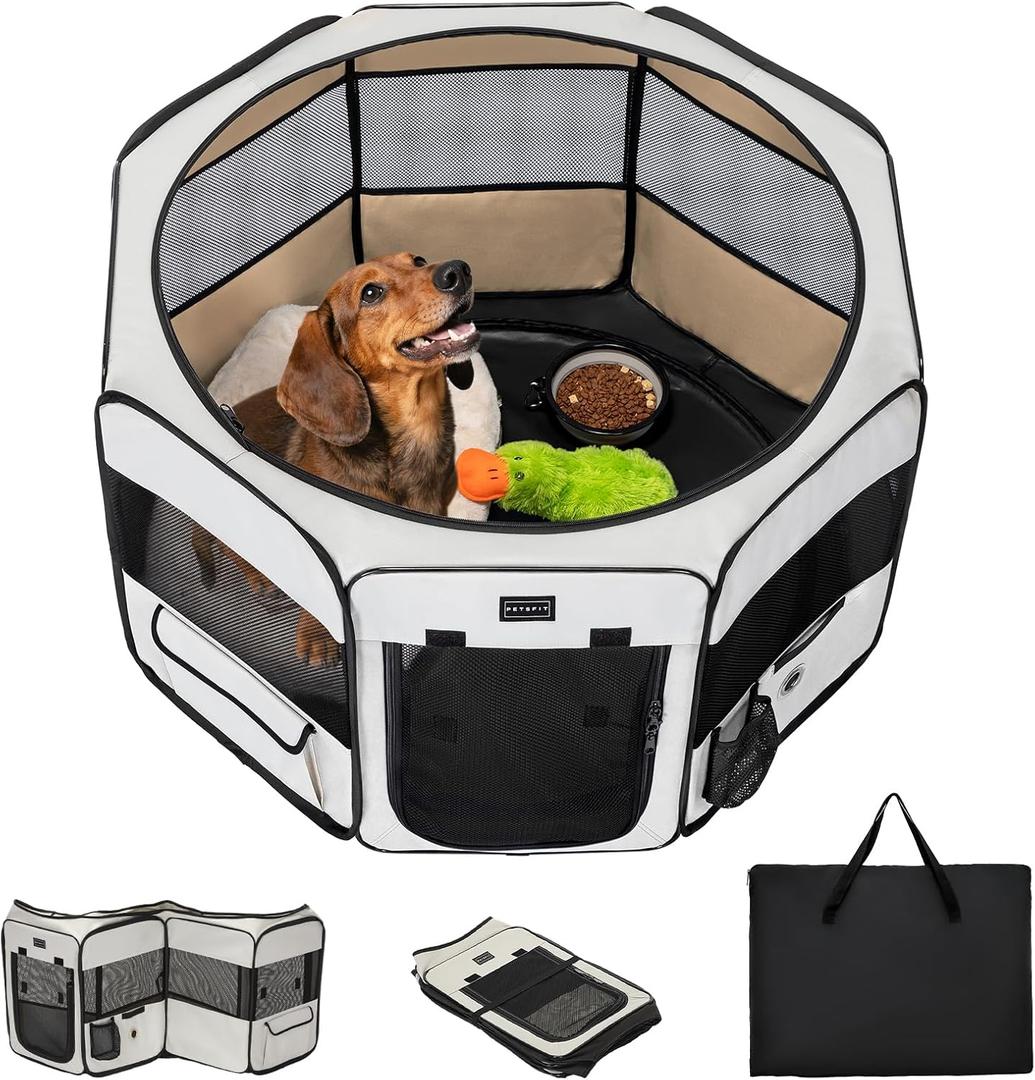 PETSFIT Portable Dog Playpen 36", Removable Waterproof Mat, Zippered Roof | 3-Second Setup, Collapsible Storage, RV Camping Travel, Indoor Outdoor Use, Medium Dogs and Cats, 36"L x 36"W x 21"H