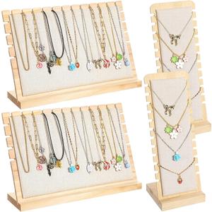 4PCS Bamboo Wood 12-Slot Necklace Display Stands with Beige Velvet, Permanent Jewelry Display for Vendors, Multi-Size Jewelry Display Organizer for Shop & Home Use (Natural Wood Color)