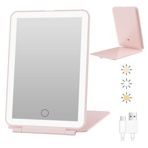 FUNTOUCH Rechargeable Travel Makeup Mirror with 72 Led Lights, Portable Lighted Beauty Mirror, 3 Color Lighting, Dimmable Touch Screen, Tabletop LED Folding Cosmetic Vanity Mirror 