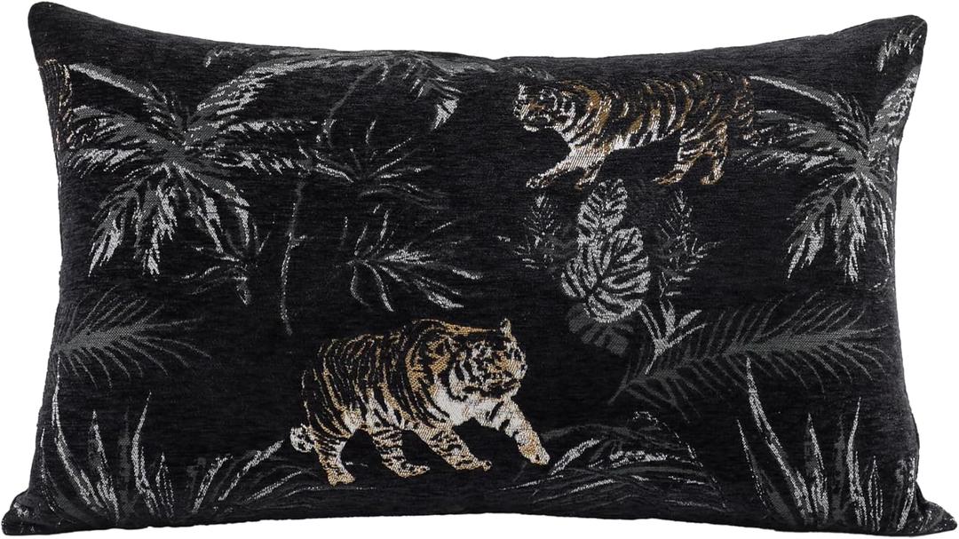 New 12x20'' inches Throw Pillow Cushion Covers - Black Color with Chenille Jacquard Embroidery Golden Tiger Luxury Modern Style Couch Sofa Bed Pillow Cover for Living Room Bedroom