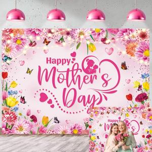 Happy Mother's Day Backdrop Pink Flowers Glitter Mother's Day Photography Background Mom's Birthday Banner for Women Party Decorations Photo Props (Rose, 82x59 inch (7x5FT))