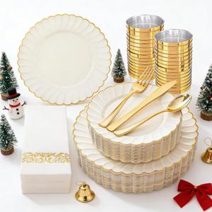 YOUBET 175PCS Ivory Scalloped Plastic Plates - Gold Disposable Dinnerware Set Include 50 Plates, 75 Gold Silverware, 25 Cups, 25 Napkins for Party & Wedding