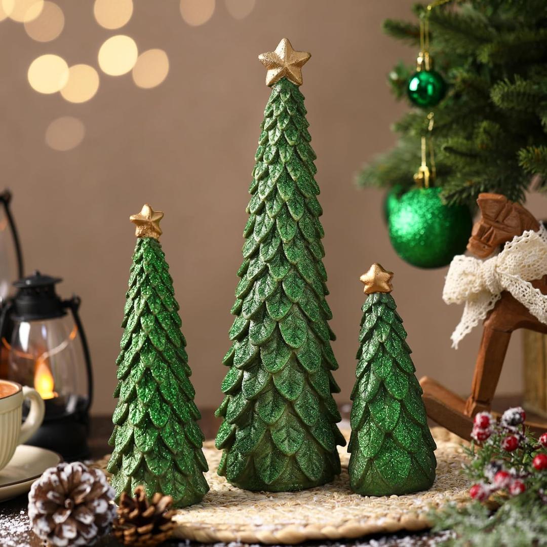 3 Pcs Christmas Tree Figurines Set Glitter Resin Tabletop Christmas Tree Decor Elegant Xmas Tabletop Centerpieces for Tables Desk Shelf Mantel Holiday Indoor Decorations(Green)