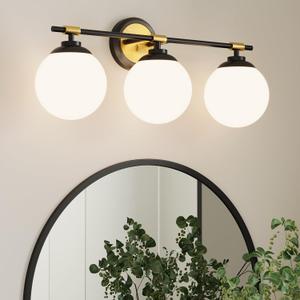 Rayogale Bathroom Light Fixtures, ETL 3 Lights Black Gold Vanity Lights Over Mirror with Milk Glass Soft Lighting Bathroom Wall Sconces for Living Room Bedroom (Exclude E26 Bulb)