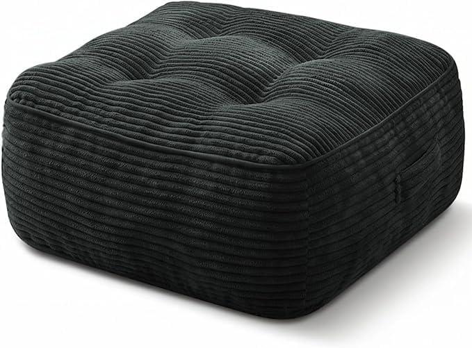 11" Thick Washable Floor Pillow for Adults, Yoga & Meditation Cushion with Handle, Square Large Pillows Seating with Removable Tufted Corduroy Cover for Tatami Living Room Board Games (Black), 22"D x 22"W x 11"H