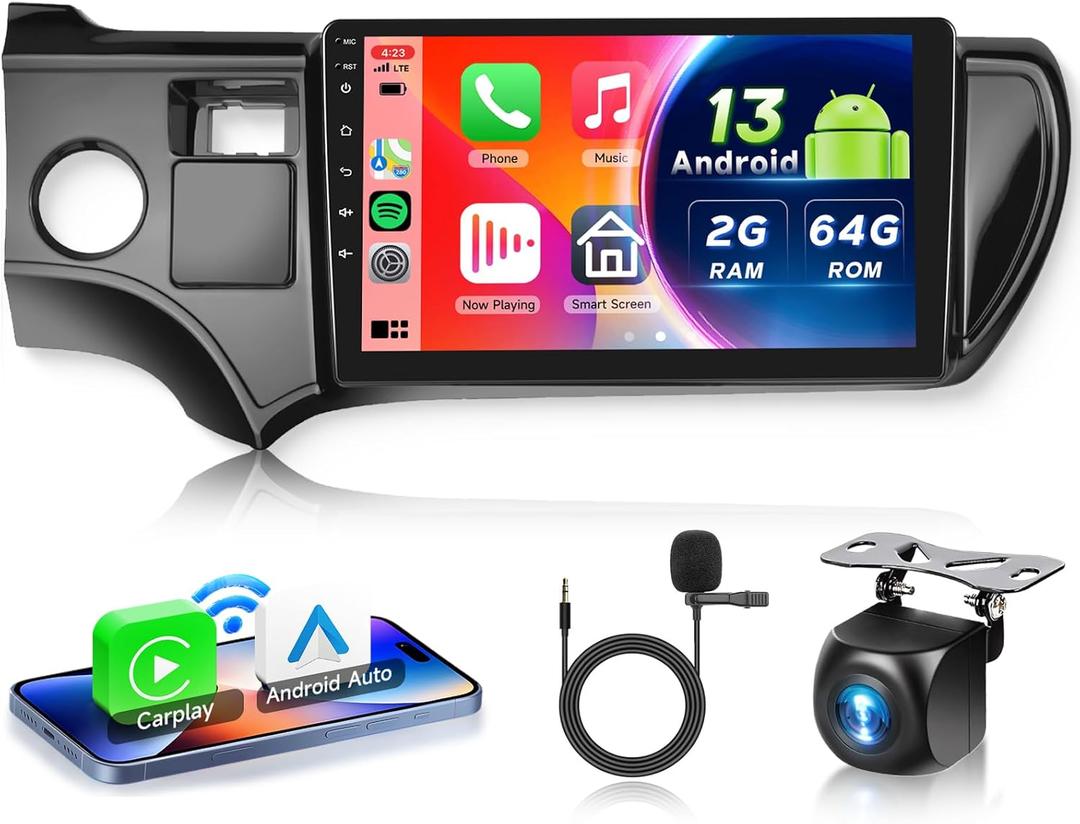 2G+64G for Toyota Prius C 2012-2014 (LHD) Car Radio with Wireless Carplay Android Auto - 9 Inch Touch Screen Android 13 Car Radio - GPS/WiFi/Bluetooth/FM/SWC/HD Backup Camera