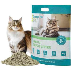Gardner Pet Natural Tofu Cat Litter, Cat Litter with Green Tea Extract  Dust-Free, Fast Clumping, Flushable, and Odor Control for Multi-Cat Homes, 6lbs