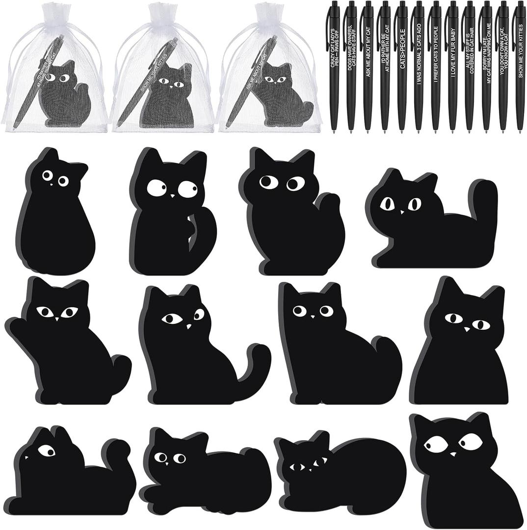 Harloon 12sets/36pcs Black Cat Sticky Notes Black Cat Lover Christmas Gifts Include 12 Sticky Notes(360 Sheets) 12 Pen 12 Organza Bag Adhesive Memo Pad Xmas Stocking Stuffer Coworker Office Supplies