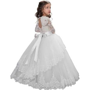 Vintage Princess Floral Lace Long Sleeves First Communion Dresses Flower Girls Dresses (Size 6, White)