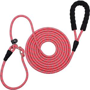 12FT 20FT Anti-Choking Long Training Lead, 3/8" Thick Reflective Rope Leash Slip Lead with Comfortable Handle, No Pull Leash for Medium Large Dogs (3/8in x 12ft, Pink)