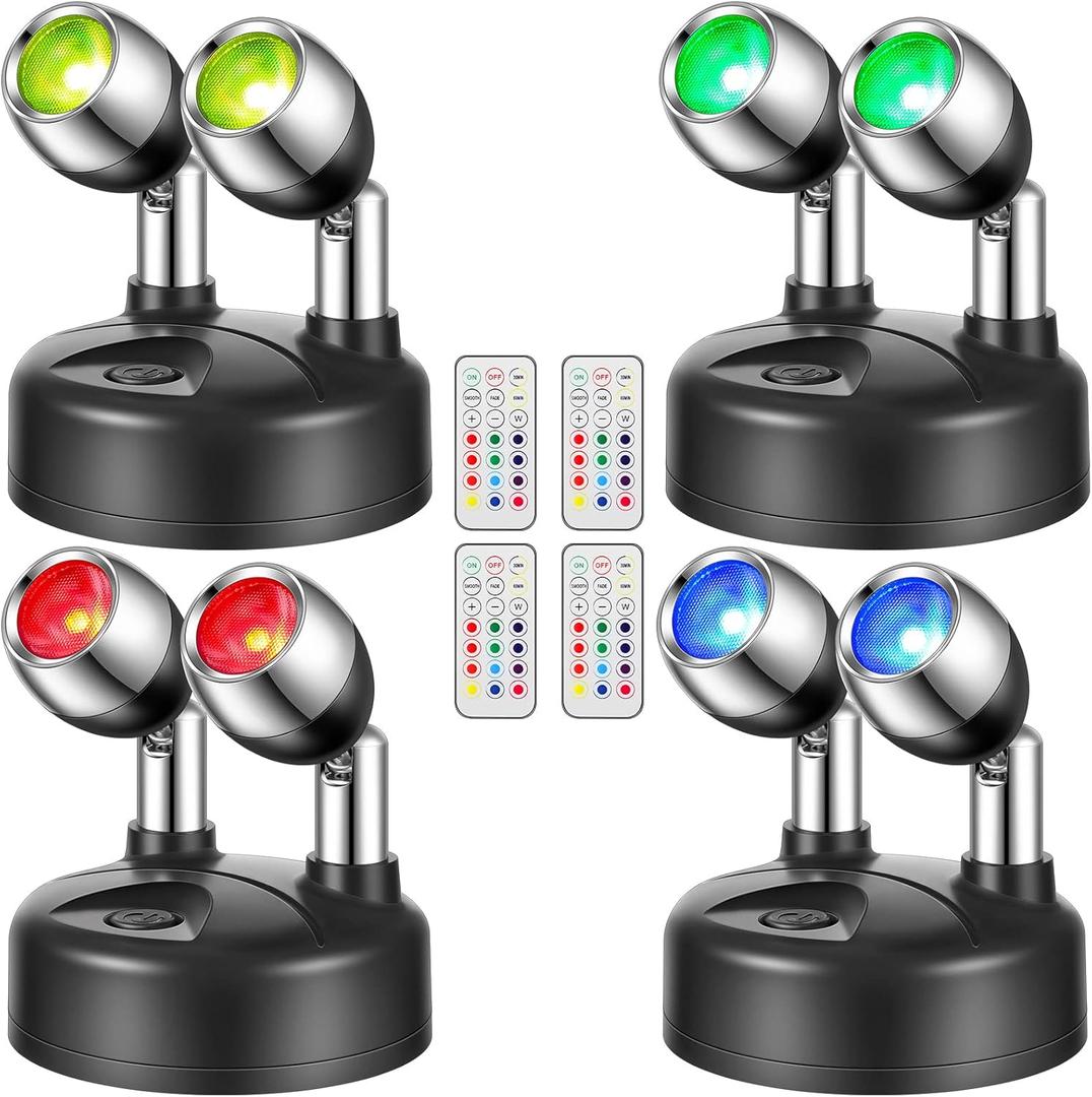Honoson 4 Pack Dual Head Battery Operated Spotlights Indoor Wireless RGB LED Spot Light with Remote 13 Color Accent Lights with Rotatable Head Stick on Wall Hallway, for Painting Picture(Black)
