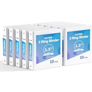 SUNEE 3 Ring Binder 1.5 Inch 10 Pack, Clear View Binder Three Ring PVC-Free (Fit 8.5x11 Inches) for School or Office Supplies, White