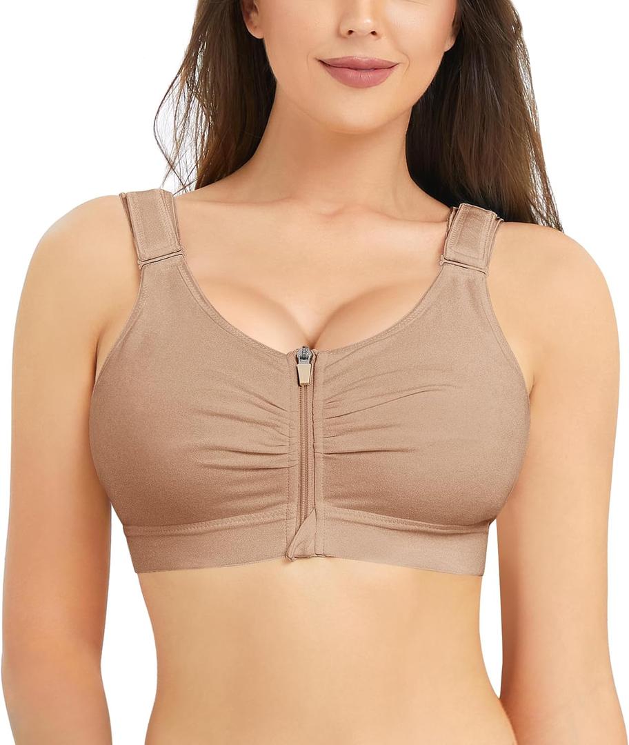BRABIC Zip Front Closure Everyday Bra for Women Post Surgery Compression Support with Adjustable Straps Wirefree (X-Large, Dark Beige)