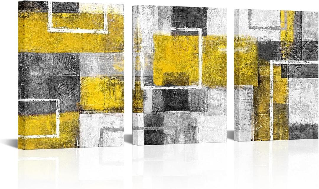 WELMECO Abstract Wall Art Geometric Line Painting Picture Bathroom Bedroom Wall Decor 12"x16"x3 Pieces (Yellow)