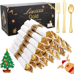 Liacere 100Pack Pre Rolled Gold Silverware and Napkin-Disposable Gold Plastic Utensils-Wrapped Plastic Cutlery Set with Napkin:100 Forks,100 Knives,100 Spoons,100 Napkins for ChristmasNew Year