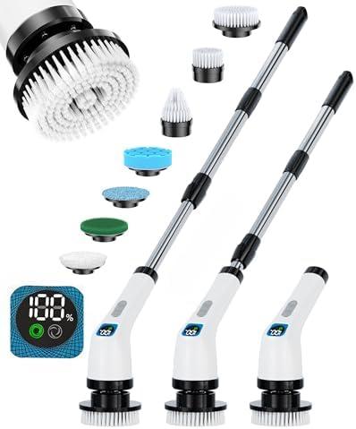 Electric Spin Scrubber for Cleaning Bathroom - Shower Cleaner Brush with Long Handle - Cordless Power Scrubber with 7 Brushes Heads, IPX7 Waterproof Scrub Brush for Bath Tub Tile Grout Glass Tool
