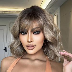 Ash Brown Short Bob Wavy Wigs with Bangs Curly Shoulder Length with Dark Roots Synthetic Heat Resistant Fiber Hair for Women Daily Party Cosplay Use (Brown & Bleach Blonde Mix)