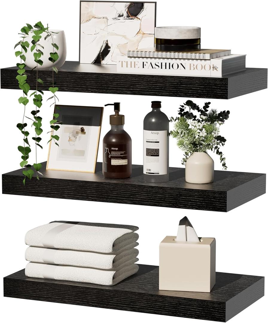 Floating Shelves for Wall Storage, Wall Mounted Rustic Wood Shelves, Modern Hanging Shelves, Display Shelf Organizer for Bathroom, Bedroom, Living Room, Kitchen, Room Dcor 16 inch Set of 3, Black