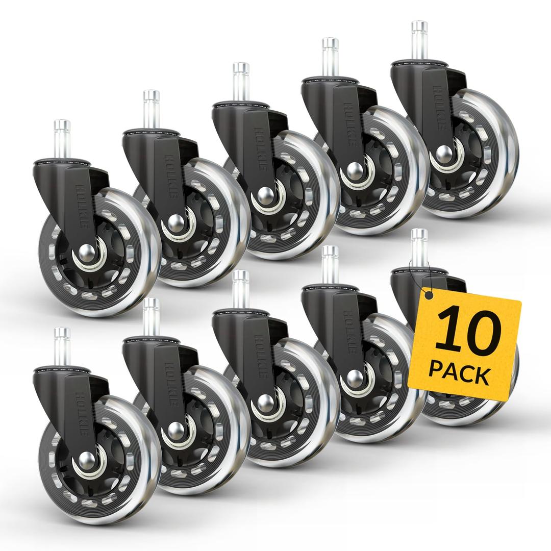 HOLKIE Office Chair Wheels 10pack Roller Blade Caster Rubber Replacement for Office 11x22mm Transparent 3 Inch, Desk Rolling Set of 10 for Hardwood Floors Gaming Chair Wheels Smooth & Silence Gliding (11mm-Fits Most-Not for High-Pile Carpet)