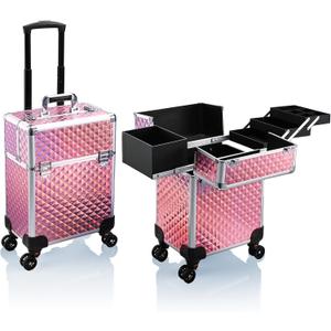 Stagiant Rolling Makeup Train Case Large Storage Cosmetic Trolley 4 Tray with Sliding Rail Removable Middle Layer with Key Swivel Wheels Salon Barber Case Traveling Cart Trunk (Pink)