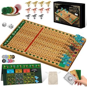 Premium Horse Racing Game with Cards and Dice, Horse Race Betting Board Game for Adult, Thickened Solid Wood with 143 Chips, 9 Metal Horses, Bet Board & Tokens & Cards, Rich Props for Enhanced Fun