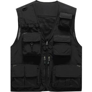 Flygo Men's Casual Lightweight Outdoor Fishing Work Safari Travel Photo Cargo Vest Jacket Multi Pockets (Medium, Black)