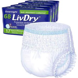 LivDry M Overnight Adult Diapers for Women and Men, Incontinence Underwear, Medium, 68-Pack,  34"-46"