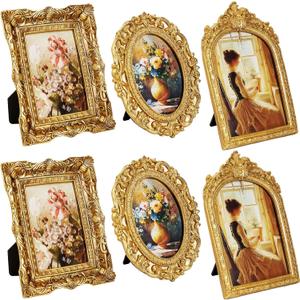 Qunclay 6 Pcs Vintage Resin Picture Frame 4 x 6,5 x 7 Inches Ornate Picture Frames Oval Rectangle Baroque Antique for Wall Hanging Home Wedding (Novel)