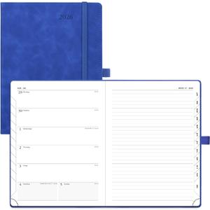 POPRUN Weekly Planner 2026 (Medium 6.5" x 8.5") Calendar 12 Months Notebook with Horizontal Layout, Leather Soft Cover, Monthly Tabs, Inner Pocket, 100GSM Thick Paper, Pen Holder - Royal Blue