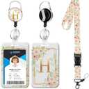 Letter H Lanyards for ID Badges,Floral Badge Holder with Lanyard Badge Reel Retractable Keychain ID Name Tag Work Badge Clip for Teacher Women Work Office