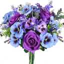 Spring Flowers Artificial for Decoration Purple and Blue Flowers with Stems Silk Roses Bouquet with Pansy Fake Flower Arrangement for Home Table Kitchen Wedding Party Decoration (12.89")