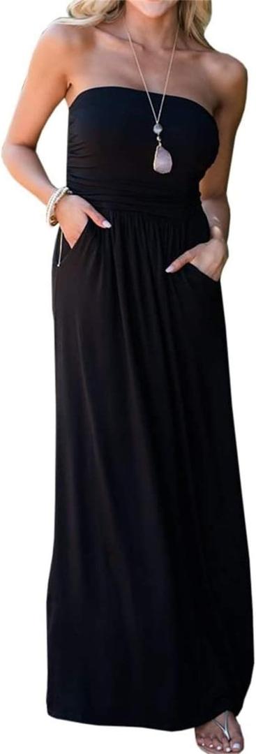 PRIMODA Womens Strapless Tube Top Maxi Dress Floral Boho Beach Dress with Pockets, Small, Black