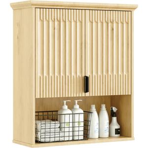 FLOWBACK Wall Mounted Cabinet, Modern Medicine Cabinets with Fluted Doors and Adjustable Shelf Over The Toilet Storage Organizer (Natural Wood)