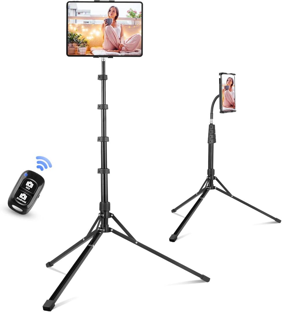 Aureday Stand Floor, 67” Height Adjustable Tripod Stand, Tablet Stand with Extendable Holder for iPad Mini/ Air/ Pro, Kindle, Switch, Smartphones, and All 4.7" to 12.9" Devices