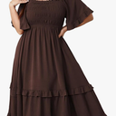 SCOMCHIC Women's Plus Size Dress Bow Front Short Sleeve Square Neck Smocked Wedding Guest Cocktail Maxi Dress Brown L