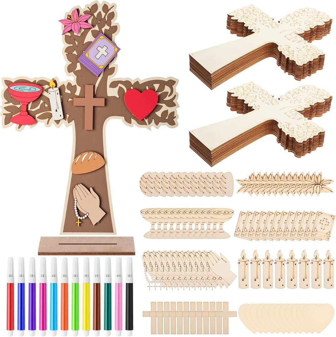 Blueweenly 12 Pack Christmas DIY Wood Cross Painting Crafts Kit for Kids Sunday School Vacation Bible Supplies Coloring Christian Religious Crafts with 12 Watercolor Pens for Art Party Decoration