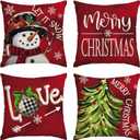 AVOIN colorlife Merry Christmas Let It Snow Snowman Red Throw Pillow Covers, 20 x 20 Inch Xmas Tree Holiday Cushion Case Decoration for Sofa Couch Set of 4
