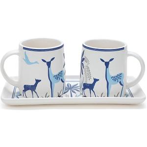Ceramic Coffee Mugs with Handle Set  2-Piece 11 Oz Ceramic Coffee Cups & 9" Tray, Handmade White Color, Microwave Safe Gift Set for Tea Lovers, Home Kitchen Dcor (Blue Stag)
