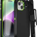 for iPhone 15 Plus Case and iPhone 14 Plus Case 6.7" Belt Clip Holster with 2 Screen Protector + 2 Camera Lens Protector, Heavy Duty Military Grade Phone Case Cover (Black Green+Clip)