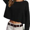 PRETTODAY Women's Crew Neck Knit Sweater Long Sleeve Textured Ribbed Casual Loose Cropped Pullover Tops (Black, M)