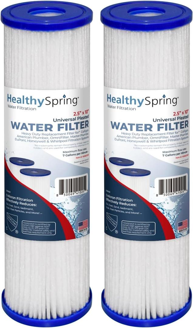 High-Performance 5 Micron 10x2.5 Whole House Pleated Sediment Filter Cartridge for Well Water Filter Replacement Compatible with WFPFC3002, WHKF-WHPL, Made in USA, 2 Pack