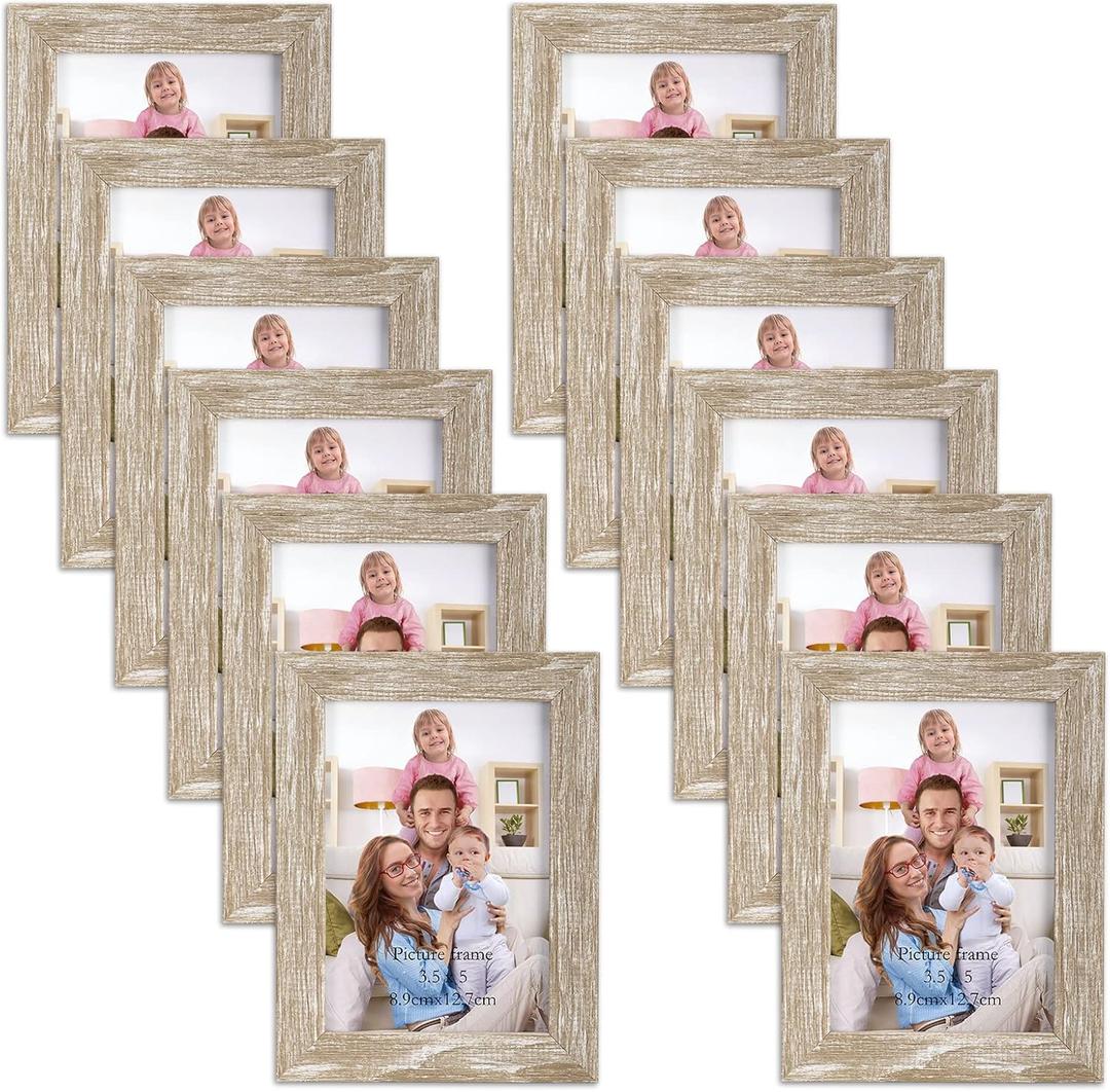 Giftgarden 12 Pack 3.5x5 Picture Frame Distressed White Beige, Rustic 3.5 by 5 Photo Frames Bulk for Desktop Display or Wall Mount